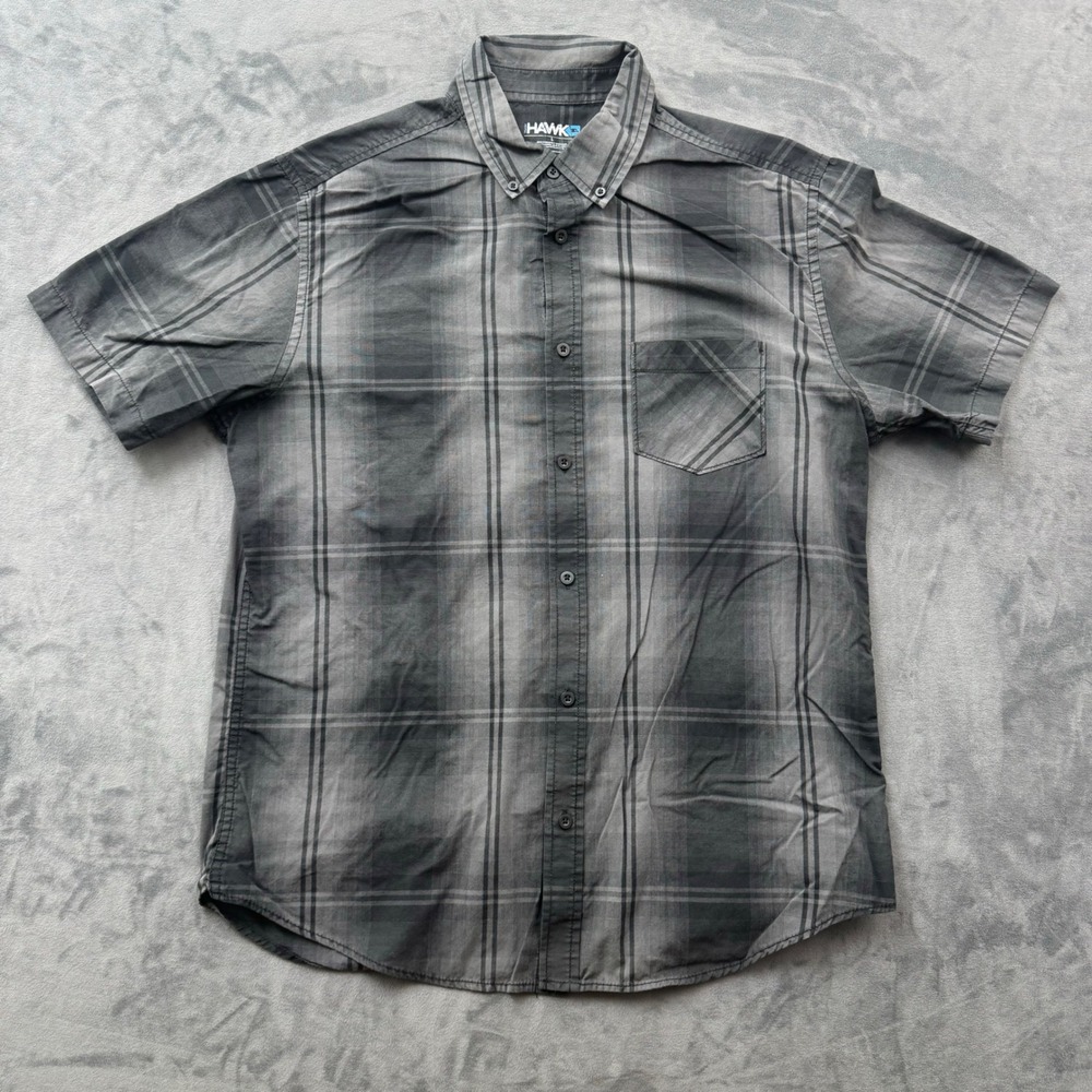 Tony Hawk Mens Large Grey Black Plaid Short Sleeve Button Down Shirt